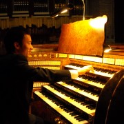 All'organo di San Giovanni Bosco, provando l'Entrata Pontificale di Bossi a due organi.